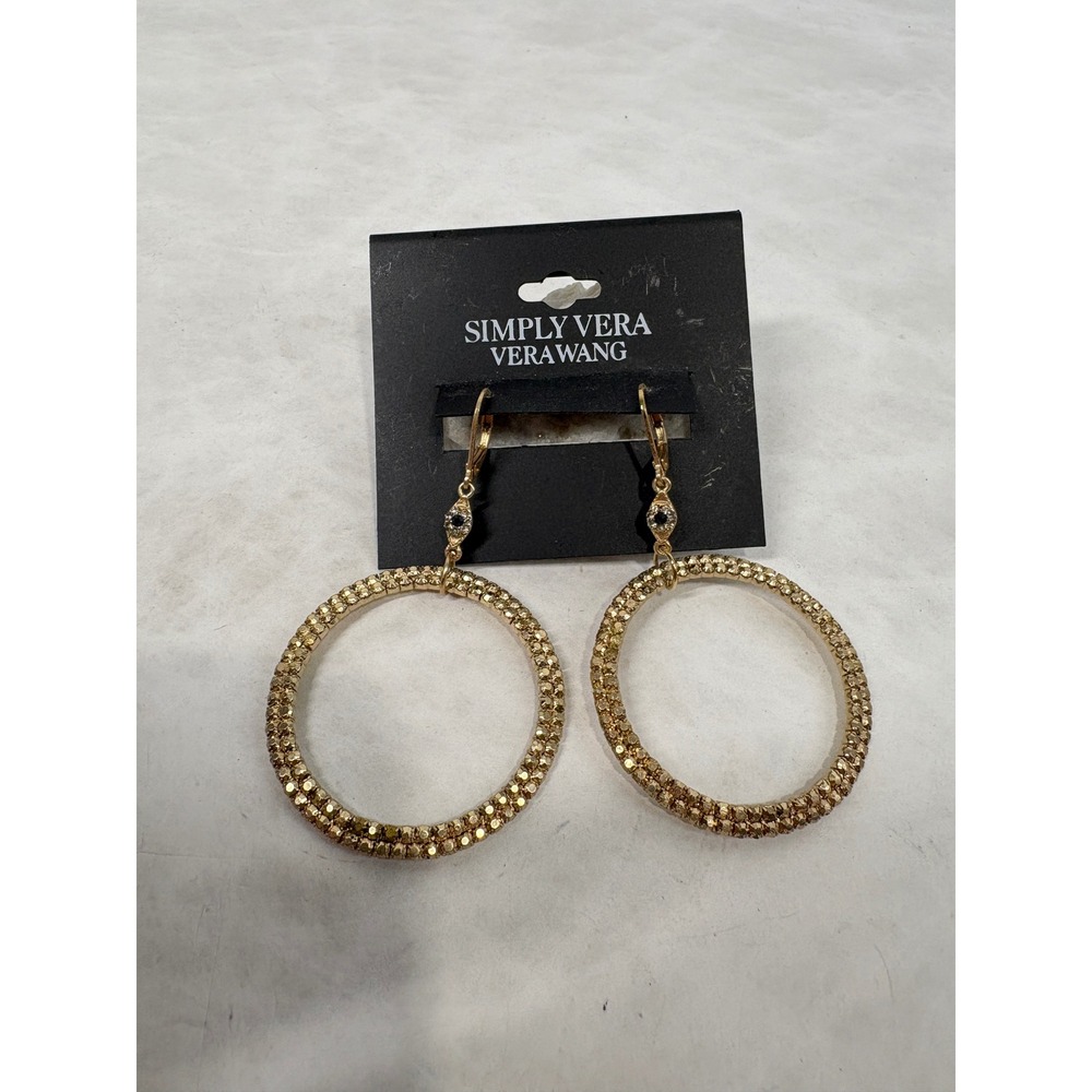 Simply Vera Vera Wang Gold Tone Textured Pave Hoop Drop Earrings Lever Back NEW
